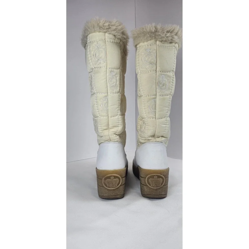 Juicy‎ Couture Y2k Women Winter Boots Size 6 White Faux Fur Zip Mid Calf Quilted